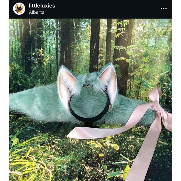 Little Luxies Sage Green Cat Ears and Tail Set Realistic Nekomimi Headband - Picture 4 of 8